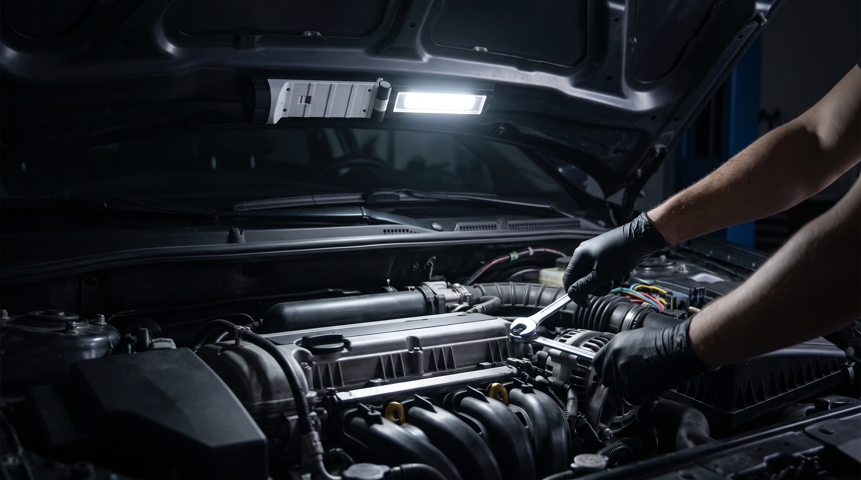 Auto mechanic using a magnetic LED work light attached to an open car hood to illuminate the engine bay during maintenance.