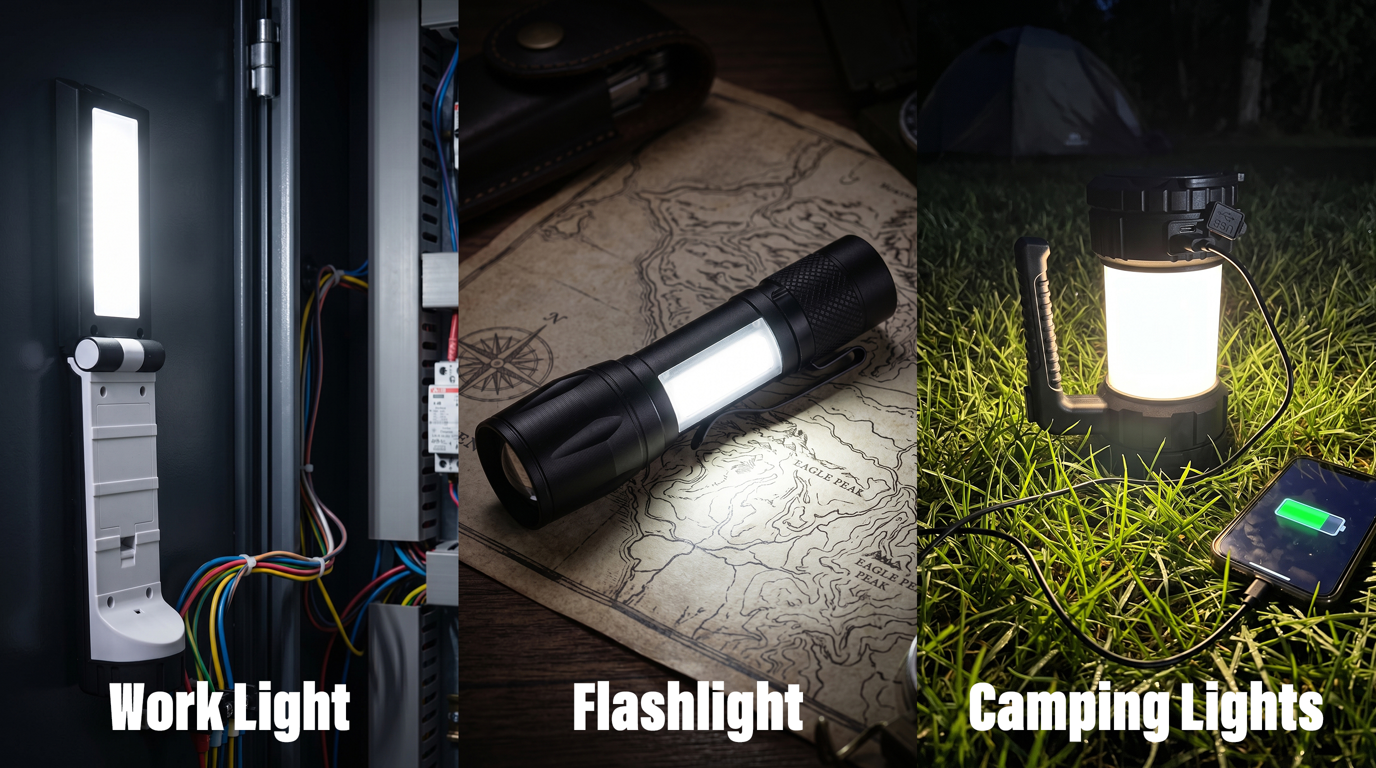 Three-panel image demonstrating portable LED lighting products including a magnetic work light on an electrical panel, a tactical flashlight on a map, and a camping lantern charging a phone outdoors.