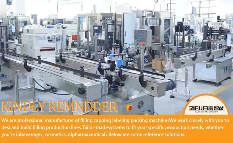 RIFU manufacturing workshop showcasing integrated filling, capping, labeling, and packing production lines for custom beverage, cosmetic, and pharmaceutical packaging solutions.