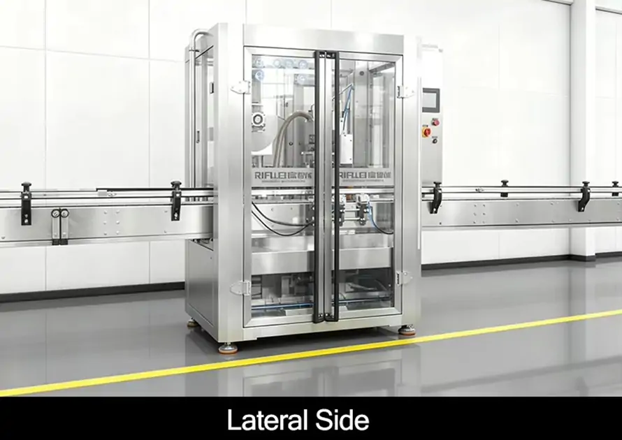 RIFU automatic single-head servo piston filler in a 45-degree perspective view, showcasing the robust stainless steel safety chamber, inline transport conveyor, and integrated controller screen.