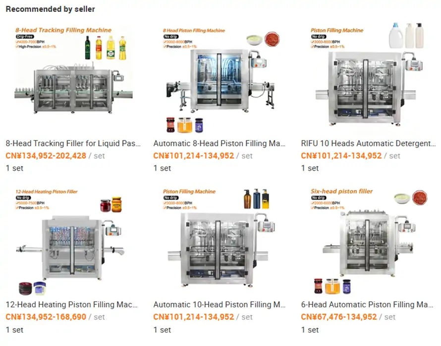 RIFU automatic piston filling machine product catalog showcasing 6, 8, 10, and 12-head drip-free volumetric fillers for detergent, honey sauce, and cosmetic cream lines.