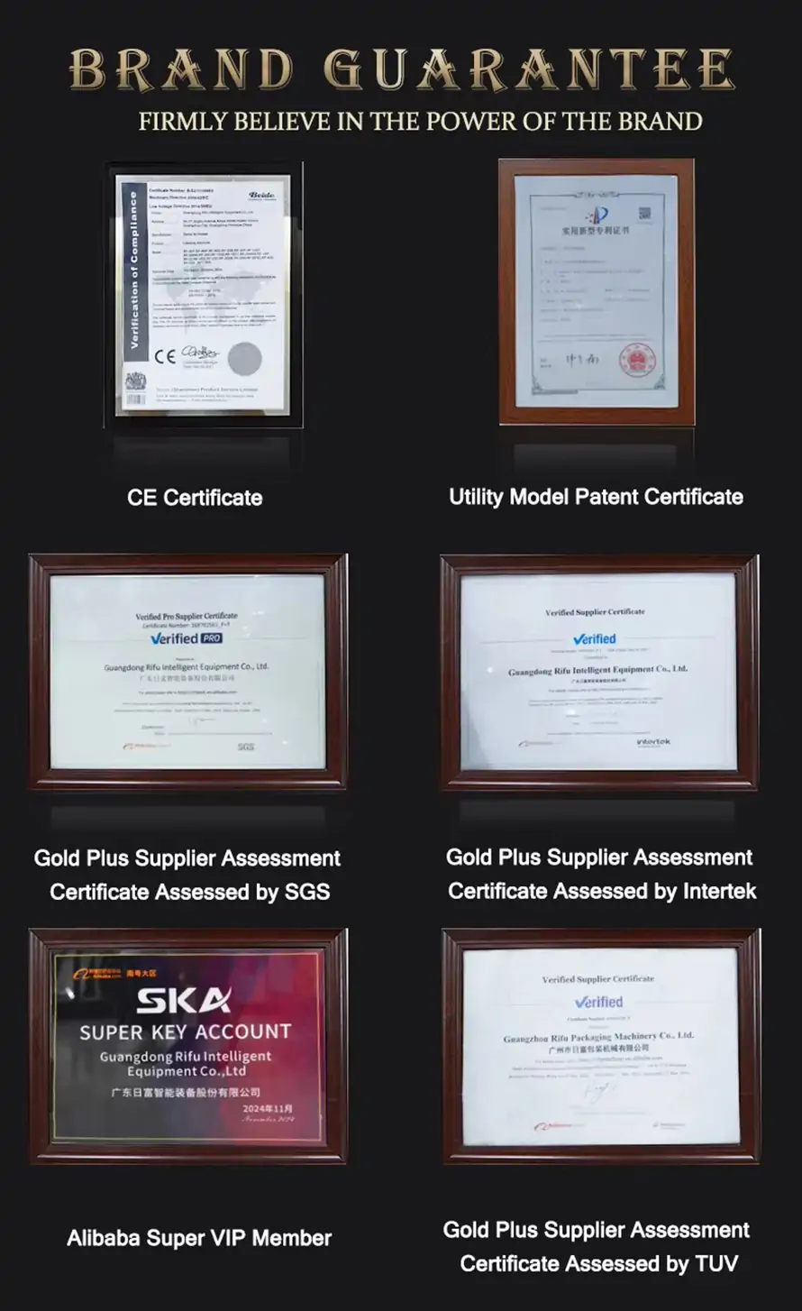RIFU packaging machinery brand guarantee wall showcasing official CE certificate, utility model patent, and Gold Plus Supplier assessment certificates verified by SGS, Intertek, TUV, and Alibaba SKA status.