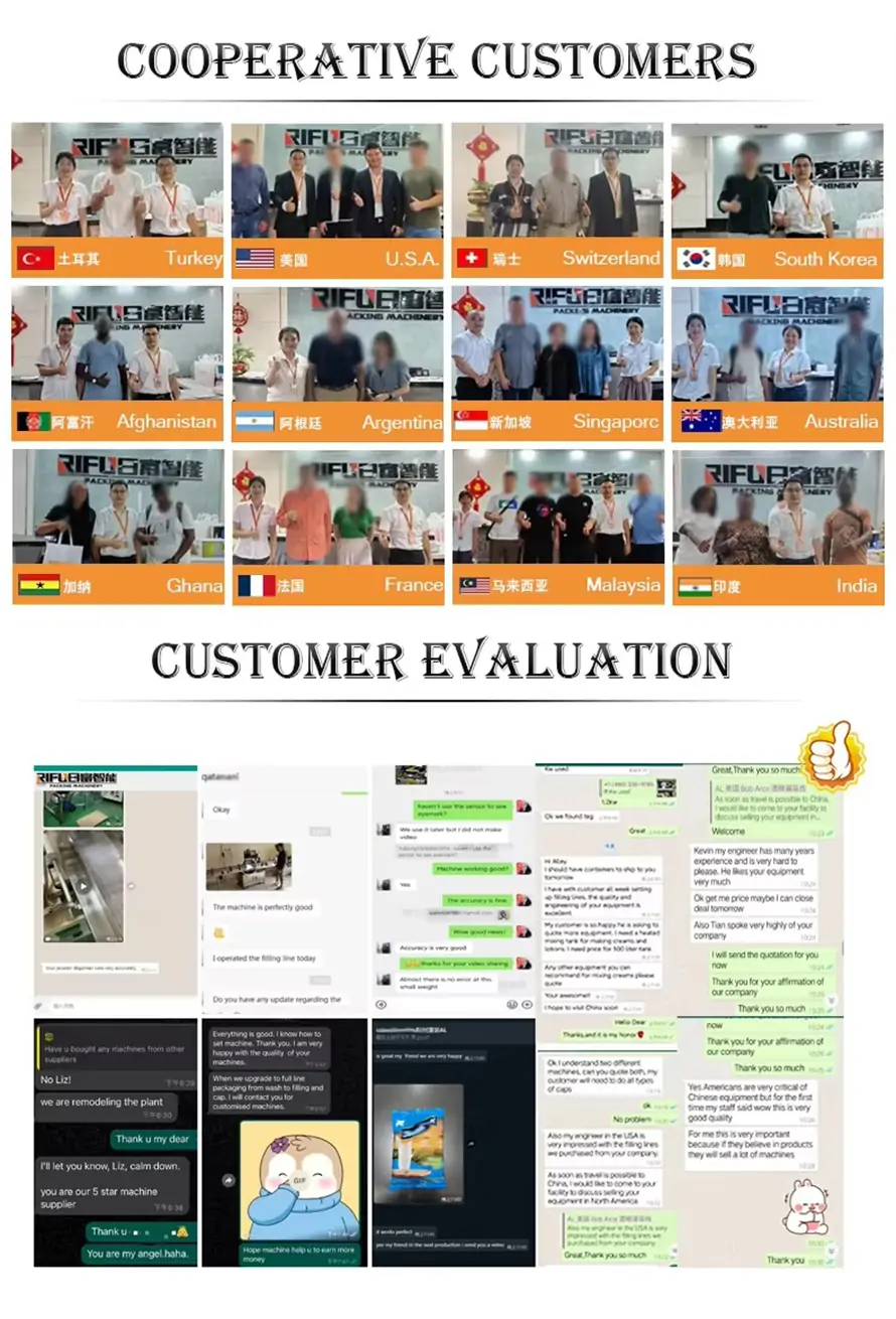 RIFU packaging machinery cooperative customers from USA, France, and Switzerland, along with positive customer evaluations and WhatsApp reviews on machine accuracy and reliability.