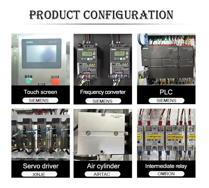 RIFU single-head piston filling machine technical configuration, featuring Siemens PLC, touch screen and frequency converter, Xinje servo driver, Airtac air cylinder, and Omron intermediate relay.