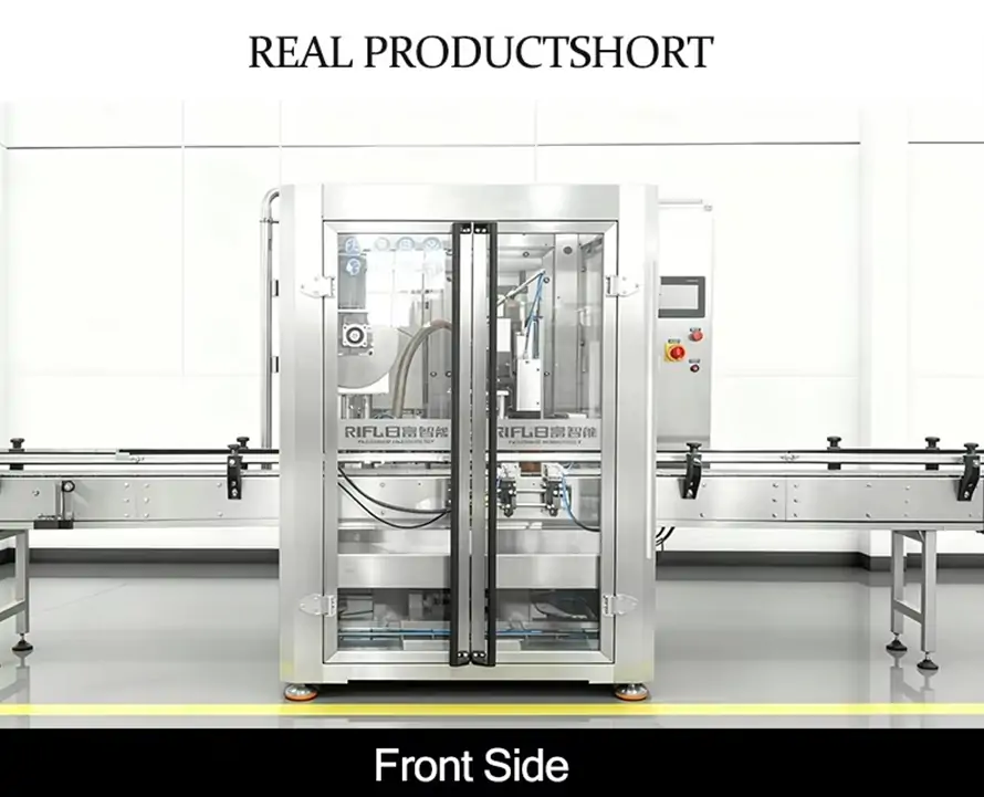 RIFU single-head servo piston filling machine with stainless steel safety enclosure, automatic conveyor line, and touch screen panel for high-viscosity liquid packaging.
