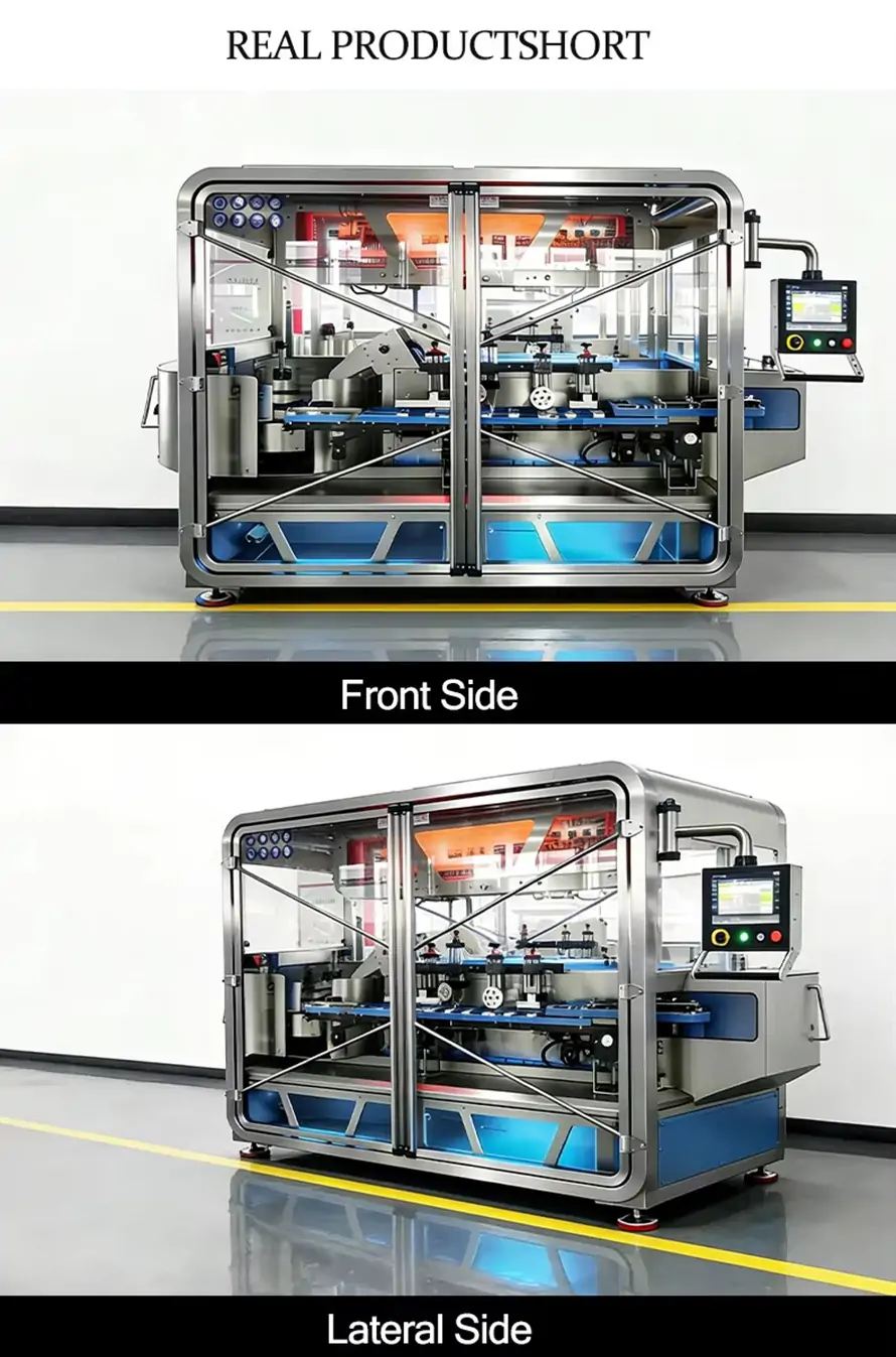 RIFU stainless steel automatic bottle unscrambler machine real product showcase, featuring the front side and lateral side views with protective enclosure.