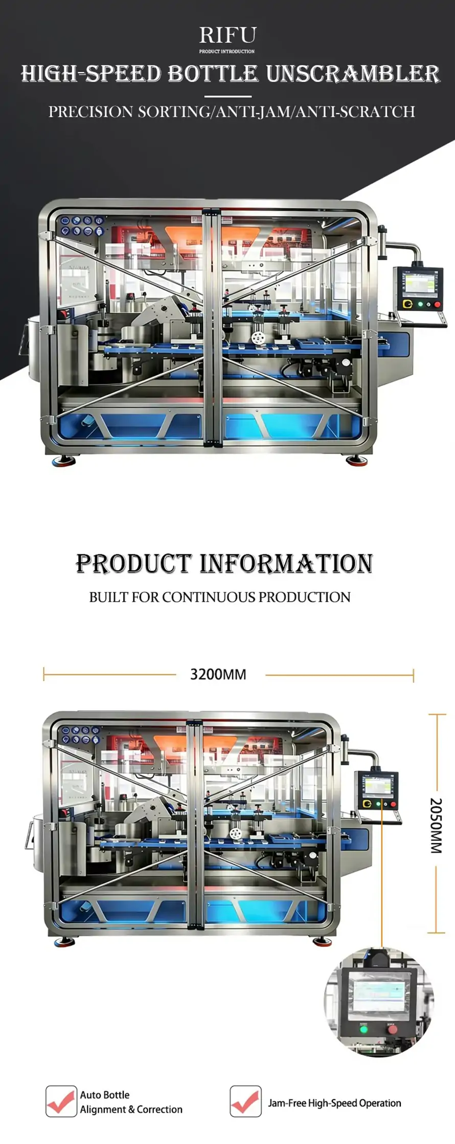 RIFU high-speed bottle unscrambler infographic featuring precision container sorting, anti-scratch mechanism, smart touch screen layout, and jam-free automatic bottle alignment.