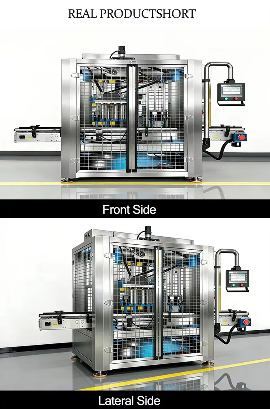 Real product shot of the automatic delta robot filling machine showing front side and lateral side views.