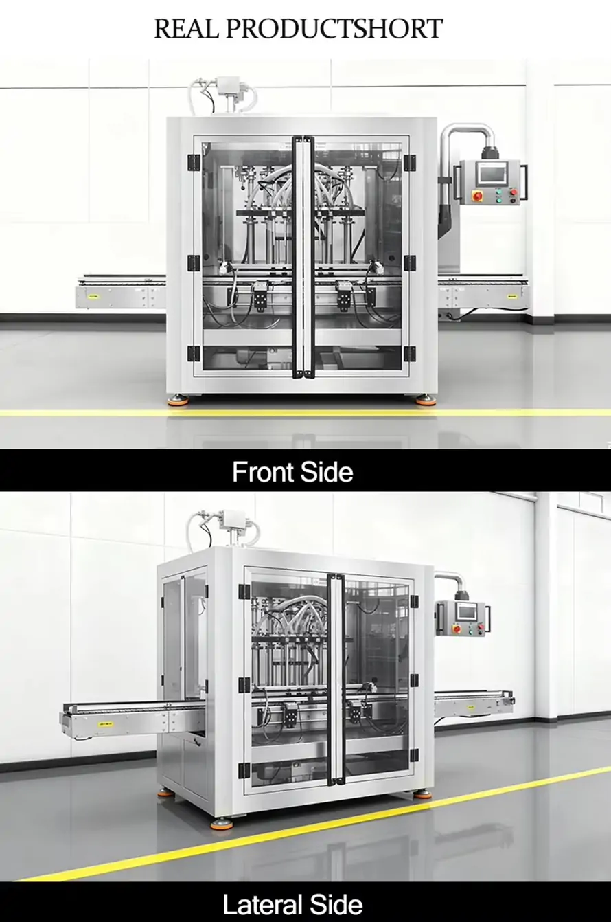 Real product shots of the 6-head vacuum liquid filling machine showing the front side and lateral side views.