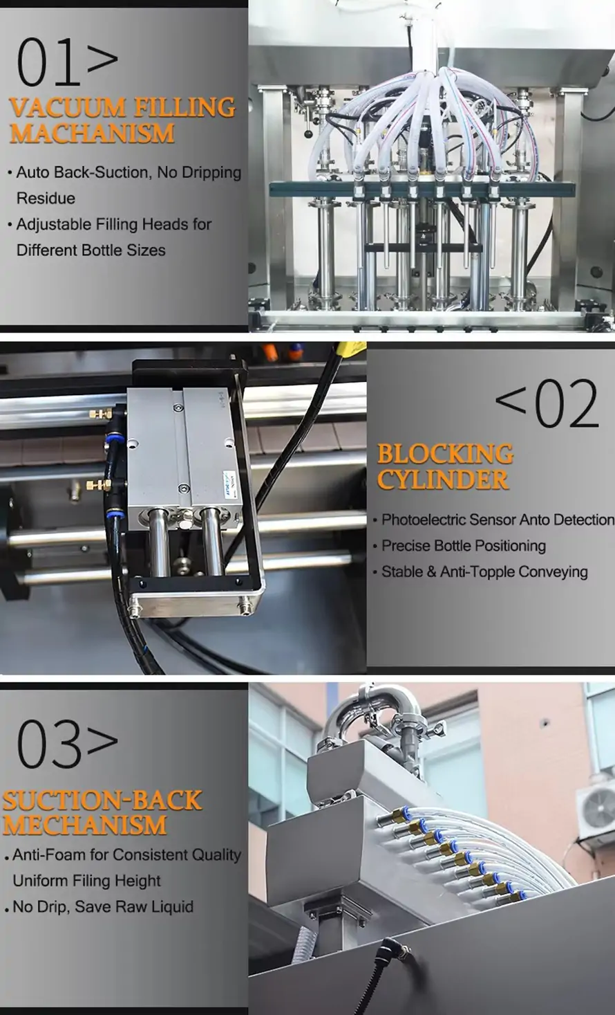 Mechanical details of liquid filling machine featuring vacuum filling mechanism, blocking cylinder with photoelectric sensor, and suction-back system.