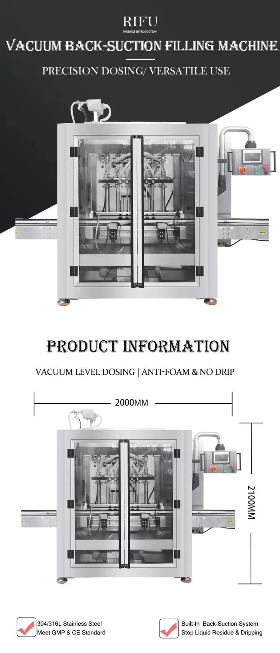 RIFU vacuum back-suction filling machine with dimensions of 2000mm by 2100mm, made of 304 316L stainless steel meeting GMP and CE standards.