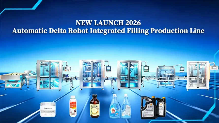 New Launch 2026 Automatic Delta Robot Integrated Filling Production Line, all-in-one bottle sorting filling capping labeling case packing machine for cosmetic food pharmaceutical liquid bottles, RIFU Machinery