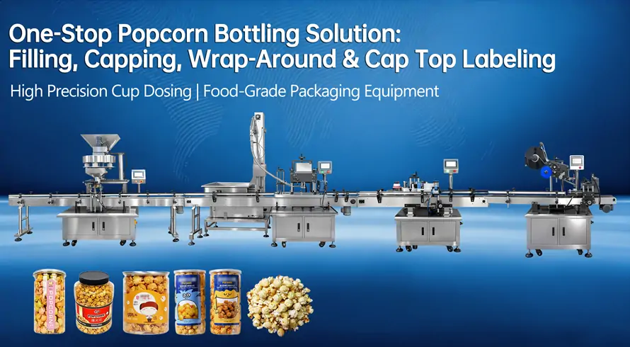 Full automatic popcorn bottling production line with cup dosing filling, capping and dual labeling