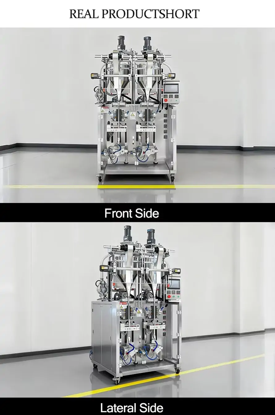 Rifu double lane stick pack liquid paste packing machine real product display, front view and lateral side appearance shooting