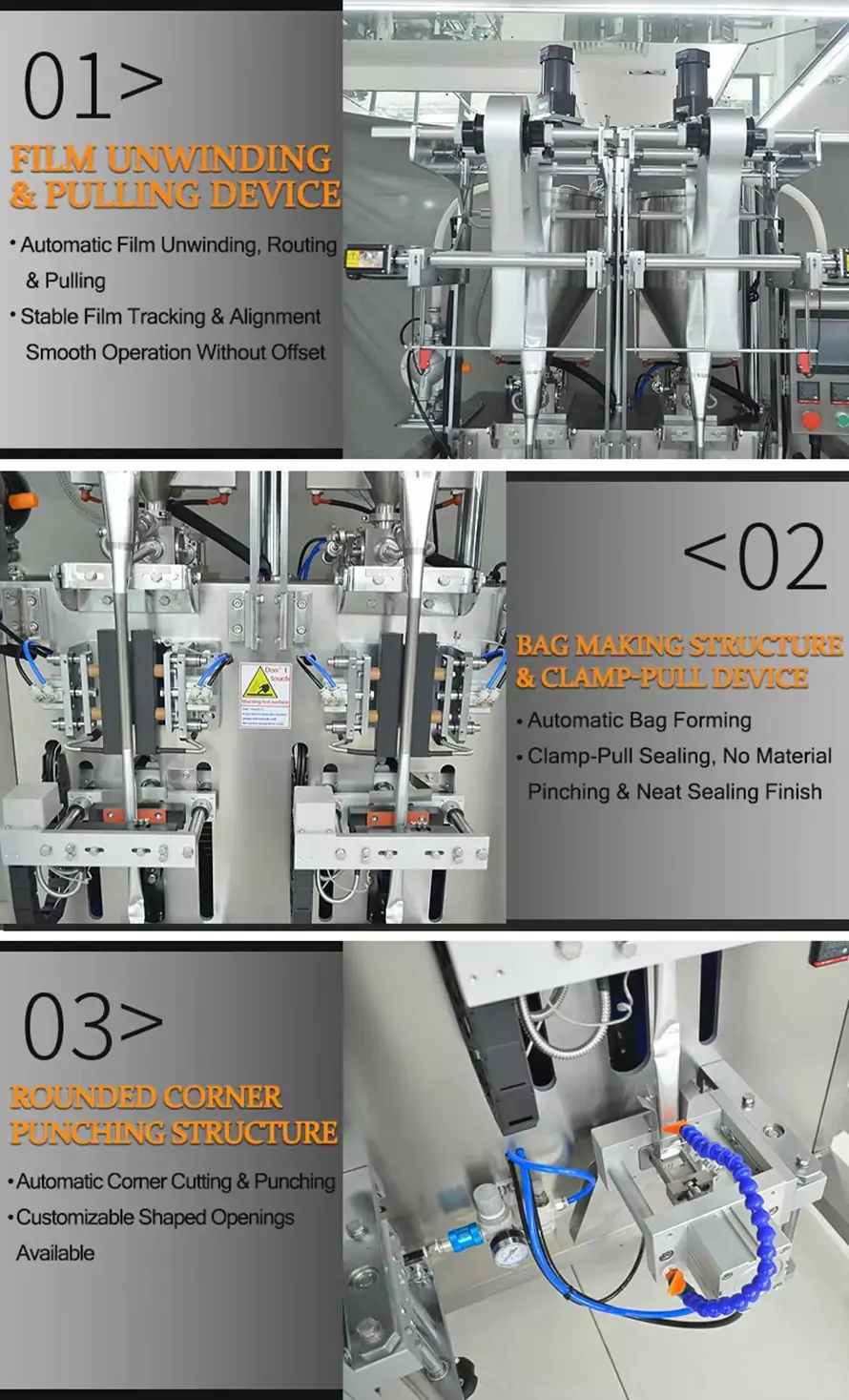 Rifu double lane stick pack machine 3 core assemblies: servo film unwinding pulling unit, clamp-pull bag forming sealing assembly, rounded corner punching mold with customizable hole shapes