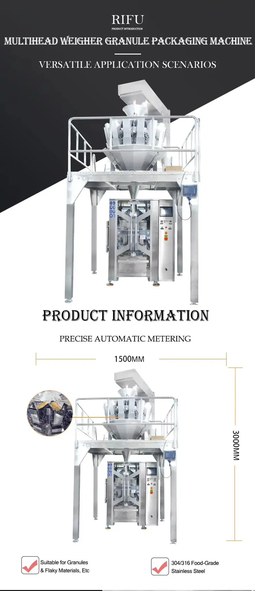 Rifu multihead weigher granule packaging machine dimension specs, 304/316 food-grade stainless steel, applicable for granular and flaky products