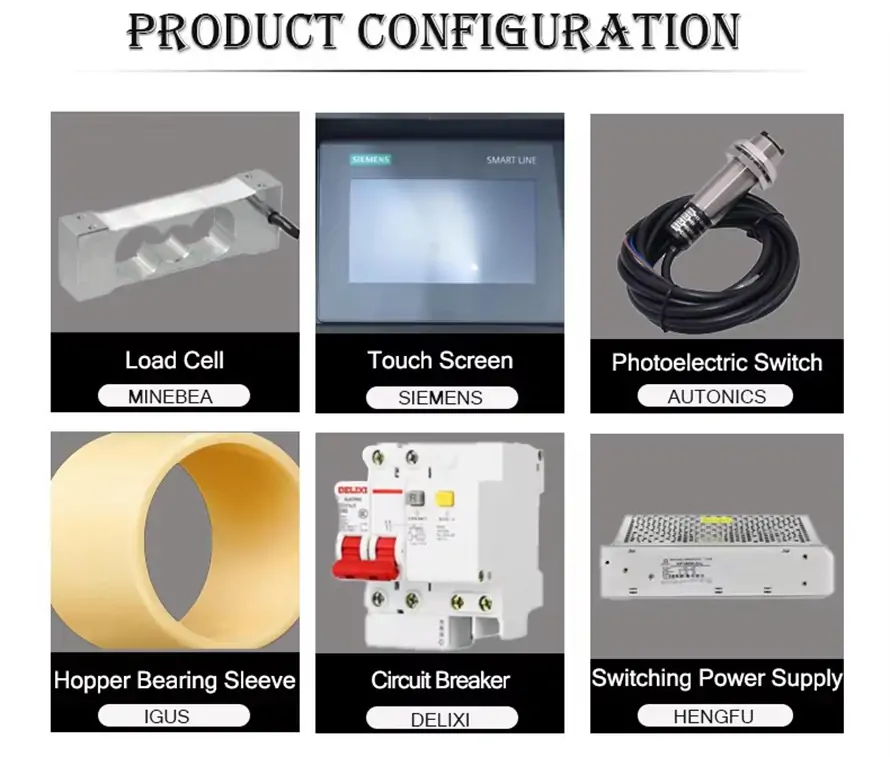 Premium OEM parts for granule packaging machine: Minebea load cell, Siemens touch screen, Autonics photoelectric switch, hopper sleeve, circuit breaker, switching power supply