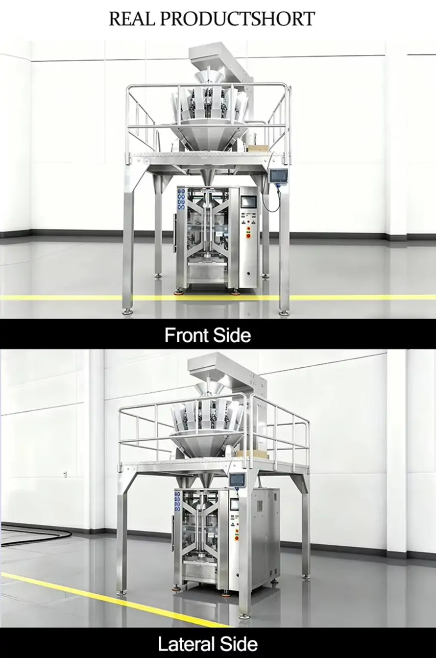 Real product photos of Rifu multihead weigher granule packaging machine, front view and lateral side exterior presentation