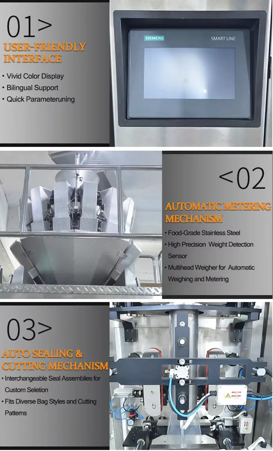 Core features of multihead weigher granule packaging machine: Siemens user-friendly touch HMI, precision automatic metering mechanism, interchangeable sealing and cutting assemblies