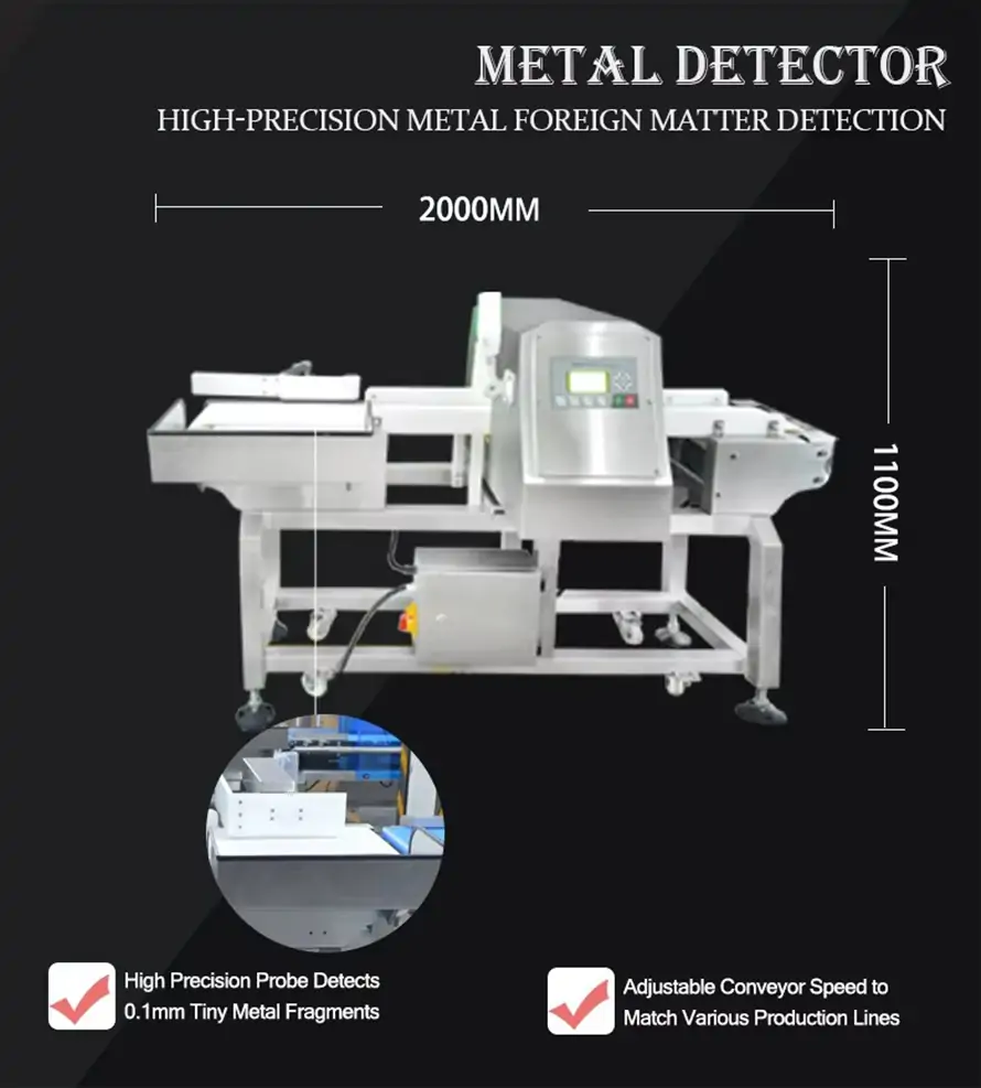 High precision conveyor food metal detector with dimension parameters, 0.1mm tiny metal fragment detection, adjustable conveyor speed for granule food packing production line