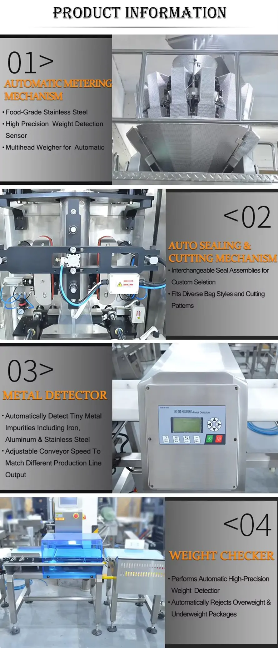 Core component details of granule packing line: automatic metering mechanism, auto sealing and cutting mechanism, metal detector, weight checker, main functional parts of full automatic food packaging production line