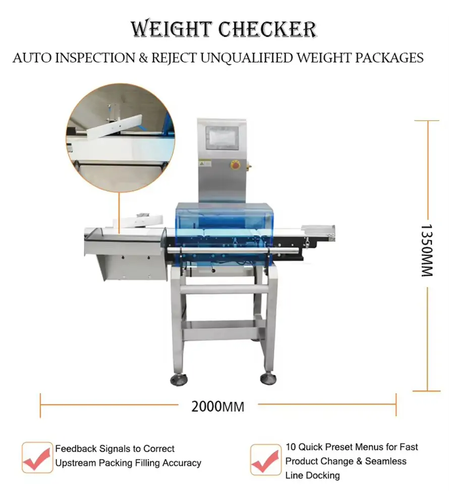 Industrial online weight checker with dimension parameters, automatically inspect and reject overweight/underweight packages, transmit feedback signals to adjust upstream packing filling accuracy, support 10 preset menus for production line switching