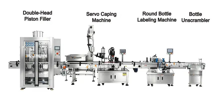 RIFU automatic production line equipped with double-head piston filler, servo capping machine, round bottle labeling machine and bottle unscrambler, for viscous liquid honey sauce filling packaging