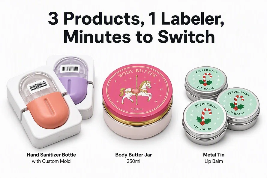 Automatic flat surface labeling machine for cosmetic packaging, quickly switch labeling for hand sanitizer bottles, 250ml body butter jars and lip balm metal tins, fast format change within minutes
