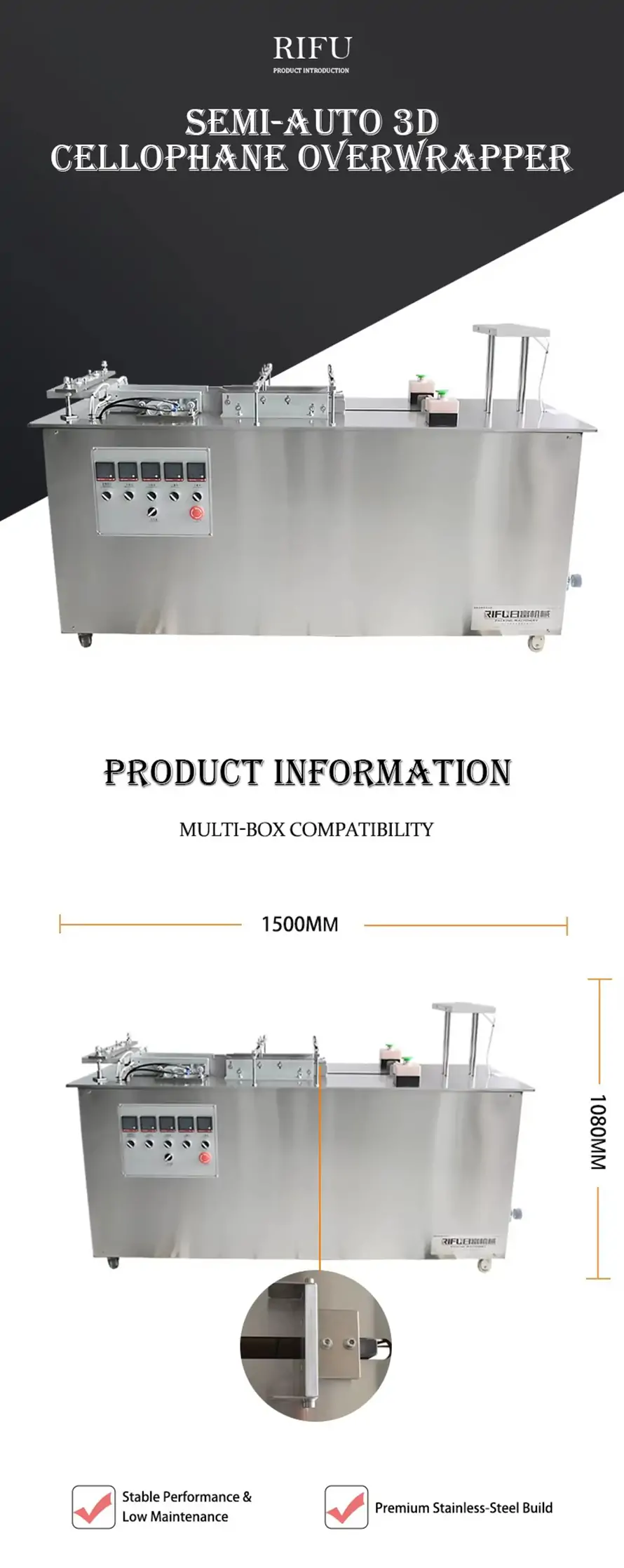 RIFU semi‑auto 3D cellophane overwrapper vertical product introduction infographic with dimension parameters, stainless‑steel body