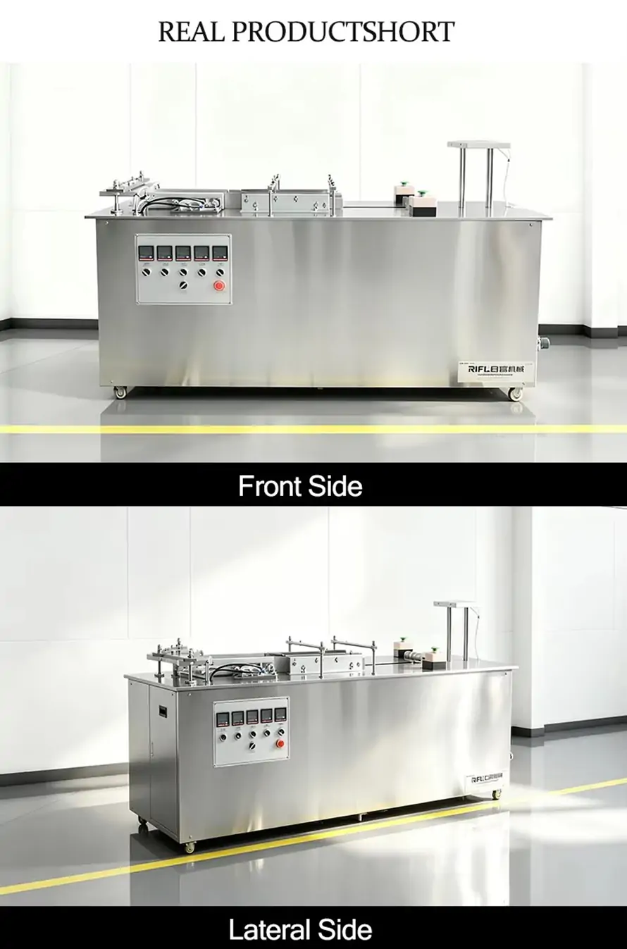RIFU semi‑auto 3D cellophane overwrapper real‑product multi‑angle display, front side and lateral side view, stainless‑steel machine body