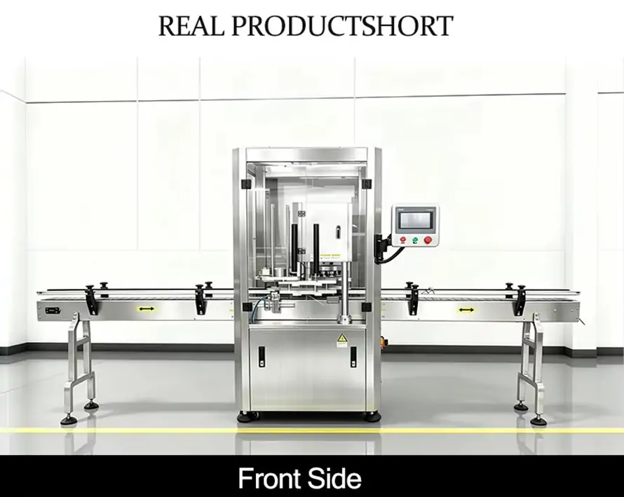 Front‑side real shot of automatic can seaming machine, stainless steel industrial tin can sealer