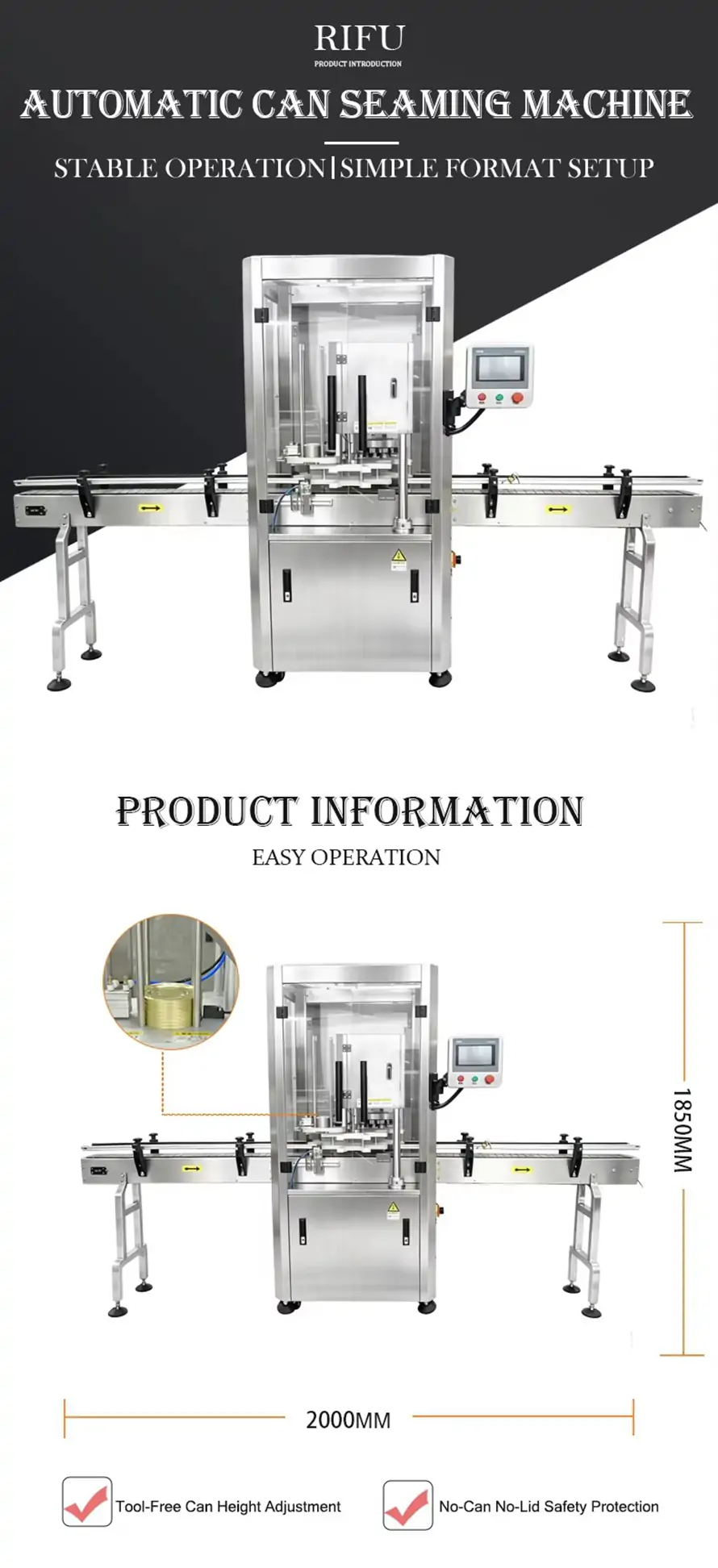 Automatic can seaming machine product introduction infographic with dimension and key features