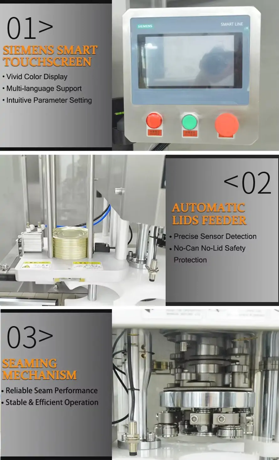 Automatic can seaming machine core components collage: siemens touchscreen, automatic lid feeder and seaming mechanism