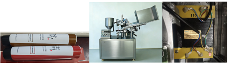 Automatic tube filling and sealing machine for cosmetic cream tubes — product samples with built-in transformer electrical close-up