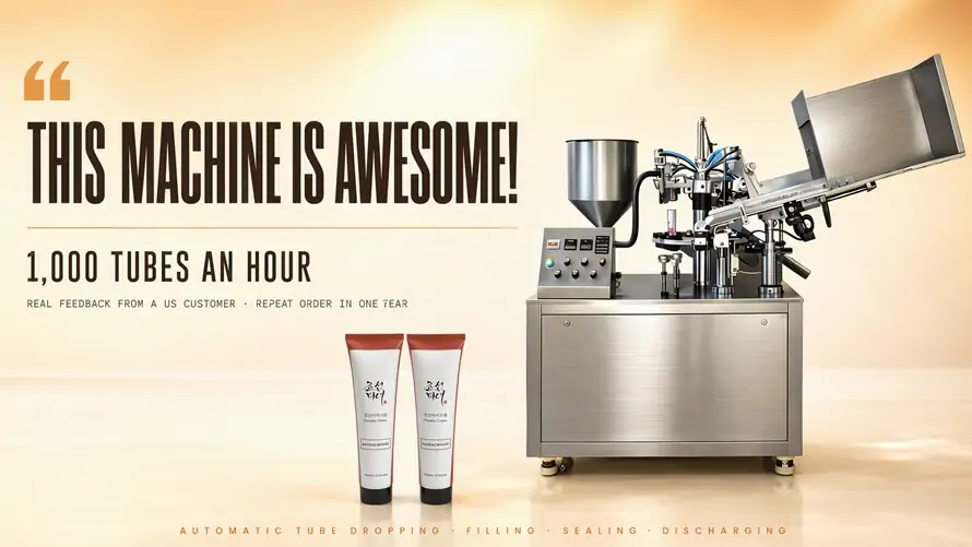 News poster featuring a US customer's positive feedback on our automatic tube filling machine —