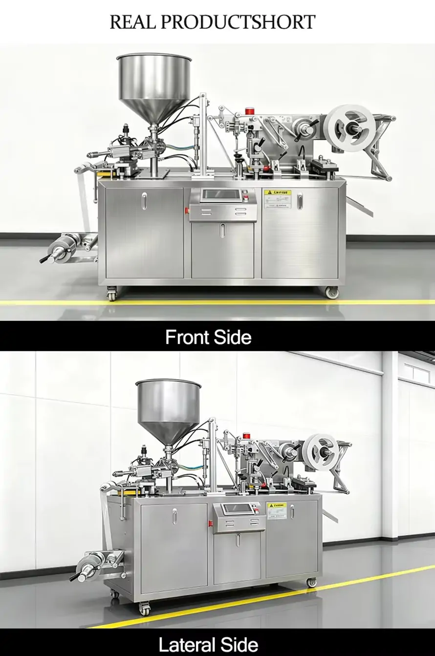 Automatic liquid and paste alu‑plastic blister packaging machine, front side and lateral side real product view