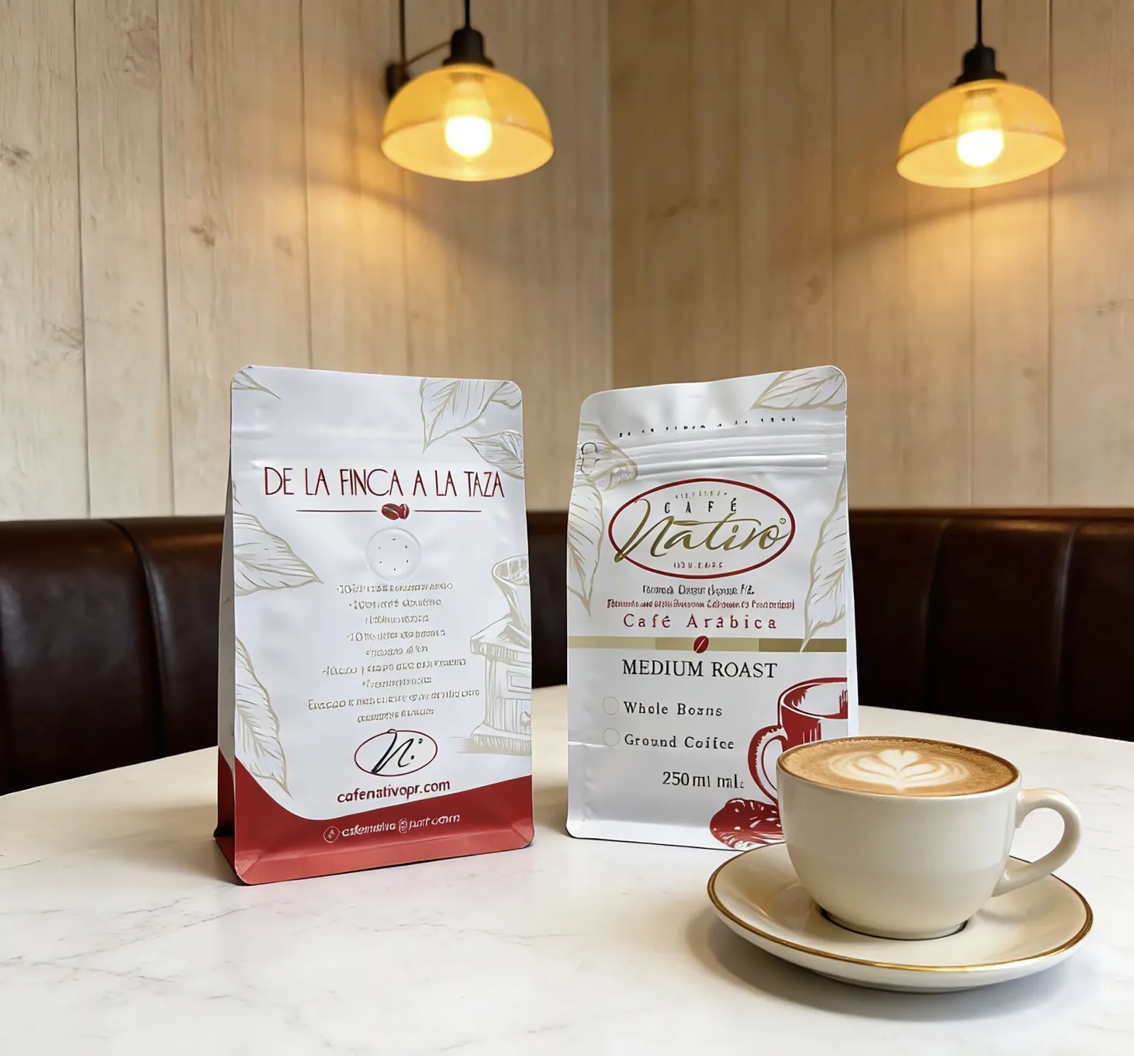 Branded specialty coffee bags in a cafe setting