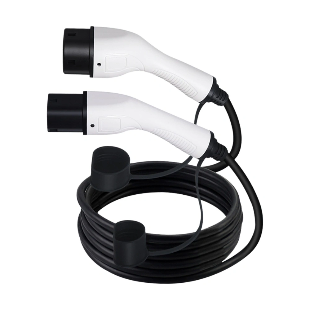 Close view of the ShinCharge Type 2 to Type 2 charging cable and connector