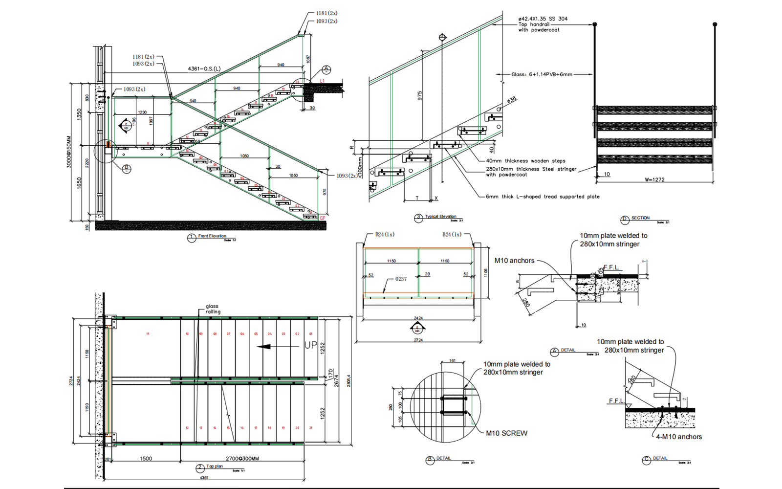 Double Steel Plate Stairs CAD shop drawing