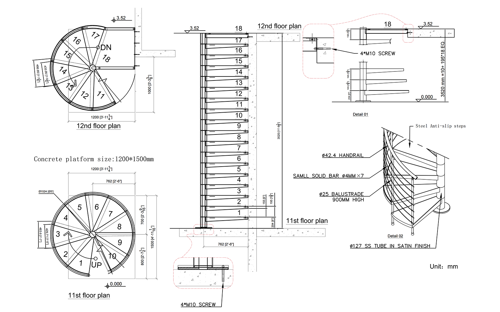 Spiral Stairs CAD shop drawing