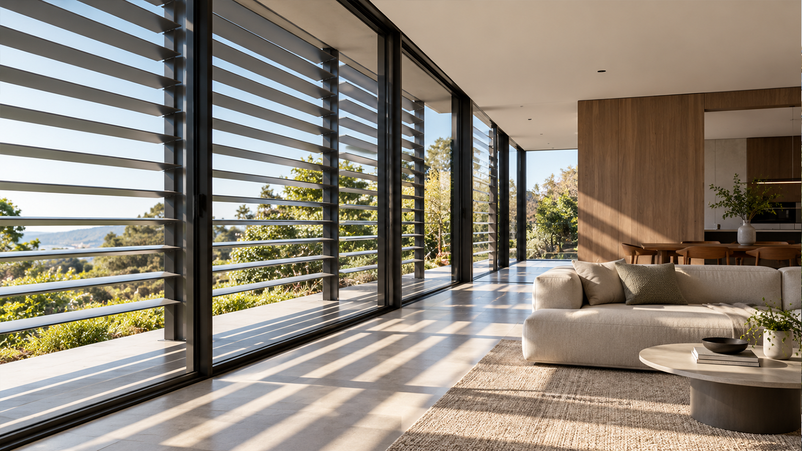 Daylight and shadow entering through external aluminium louvres