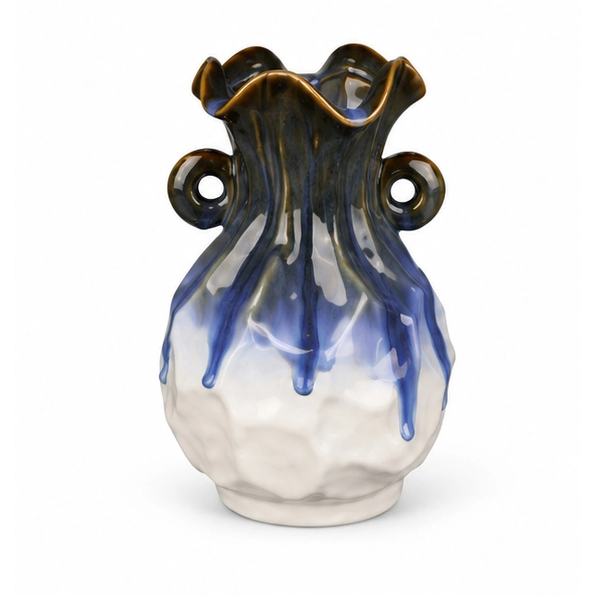 Double-handle blue drip ceramic floral vessel