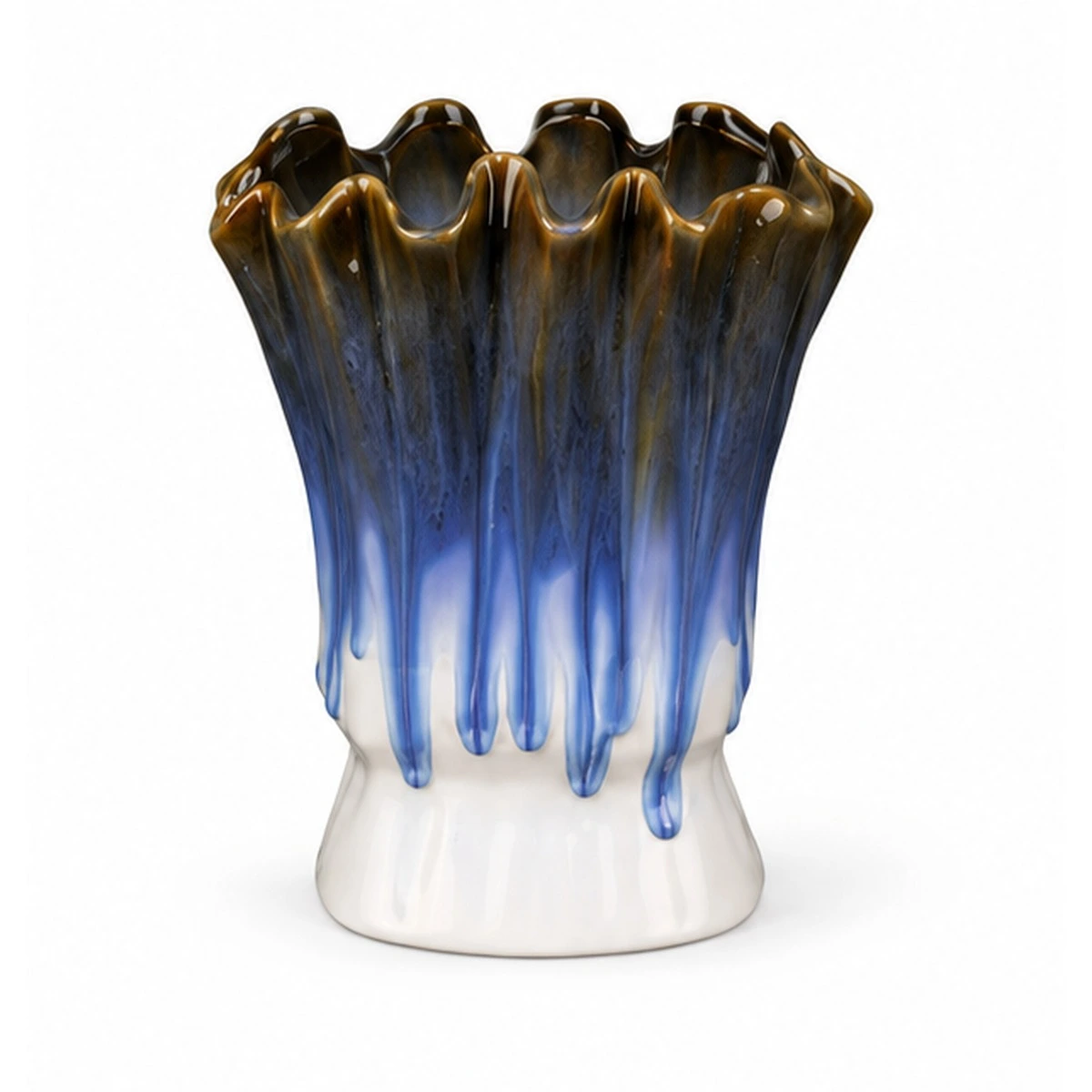 Fluted blue drip ceramic floral vessel