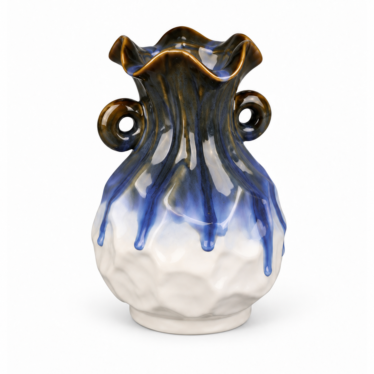 Double-Handle Blue Drip Ceramic Floral Vessel – 45-degree reference view – ATW-S252315-A – LH Homecraft