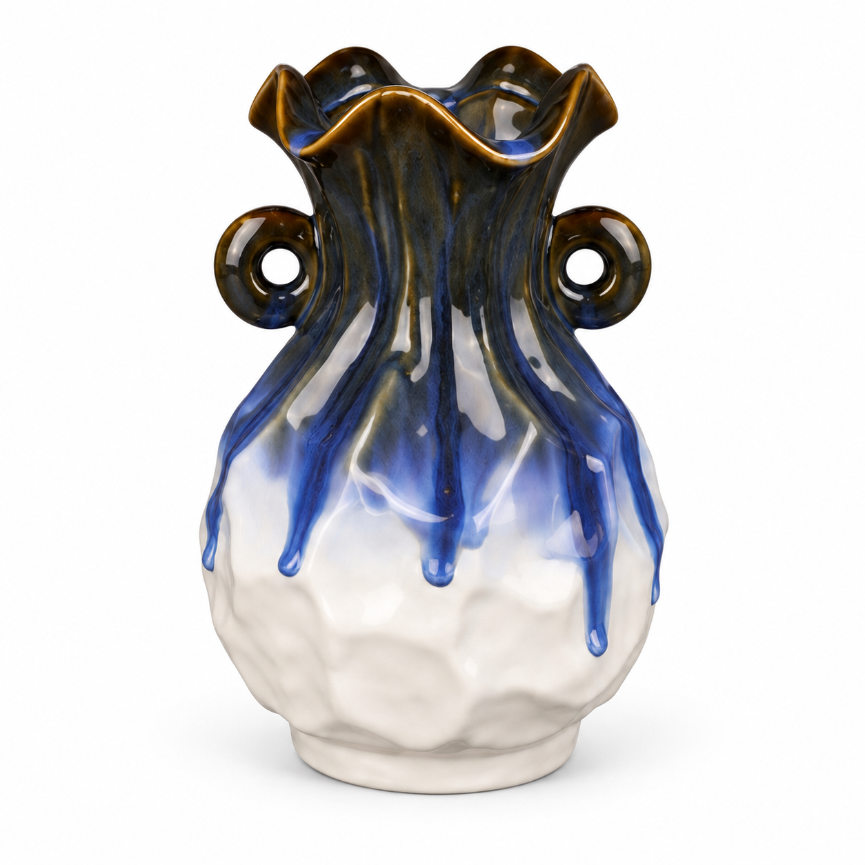 Double-Handle Blue Drip Ceramic Floral Vessel – front reference view – ATW-S252315-A – LH Homecraft