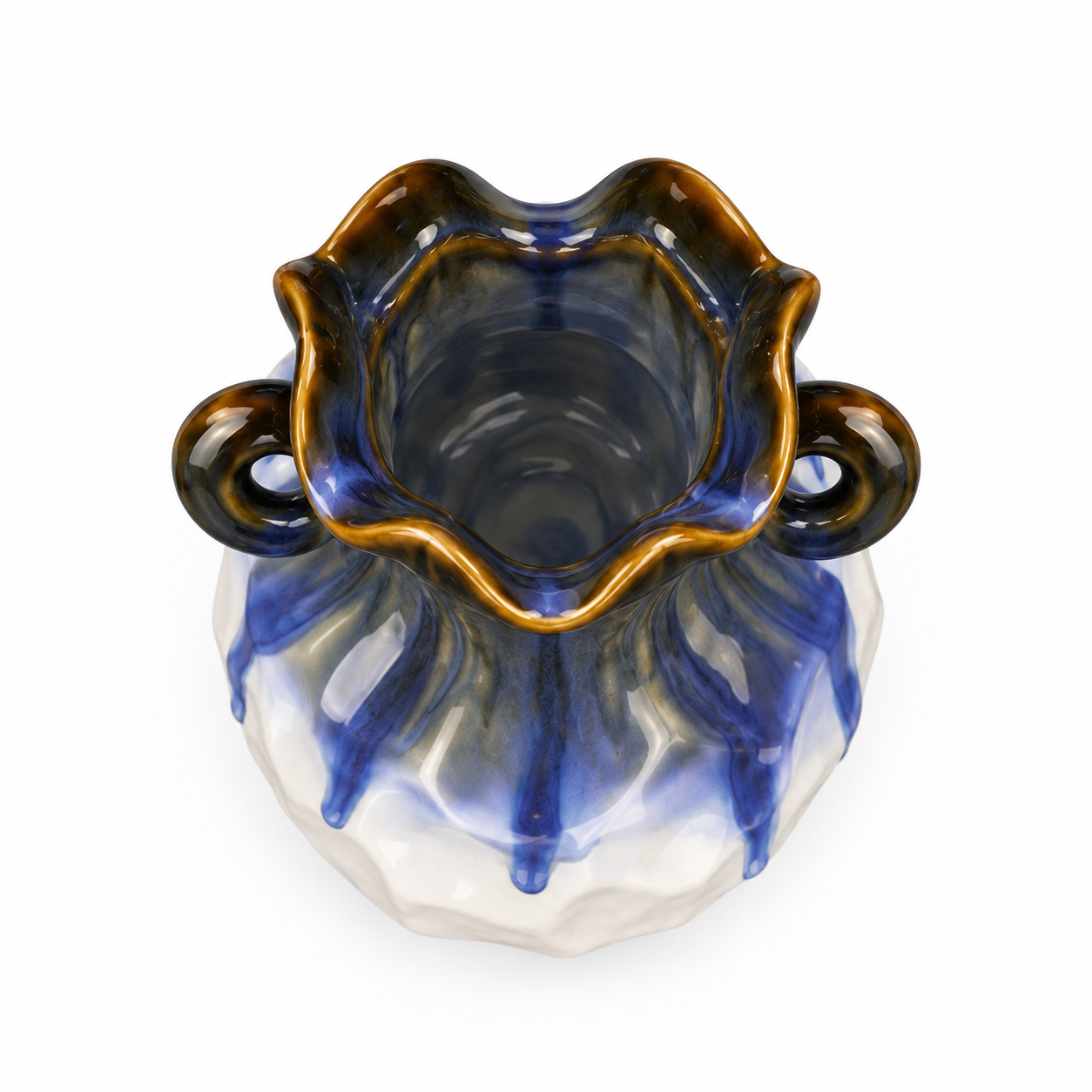 Double-Handle Blue Drip Ceramic Floral Vessel – top reference view – ATW-S252315-A – LH Homecraft