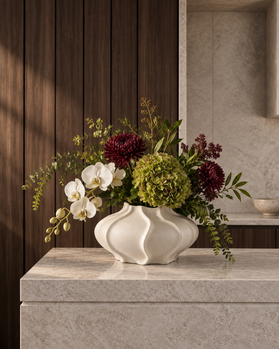 Interior atmosphere reference for Double-Handle Blue Drip Ceramic Floral Vessel collection development