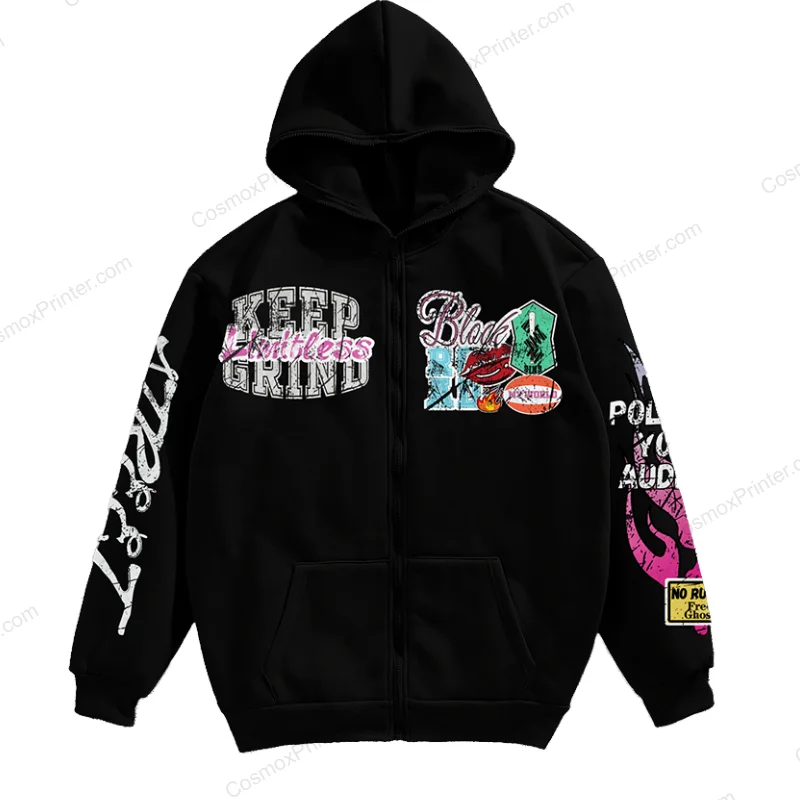 black hoodie colorful print samples