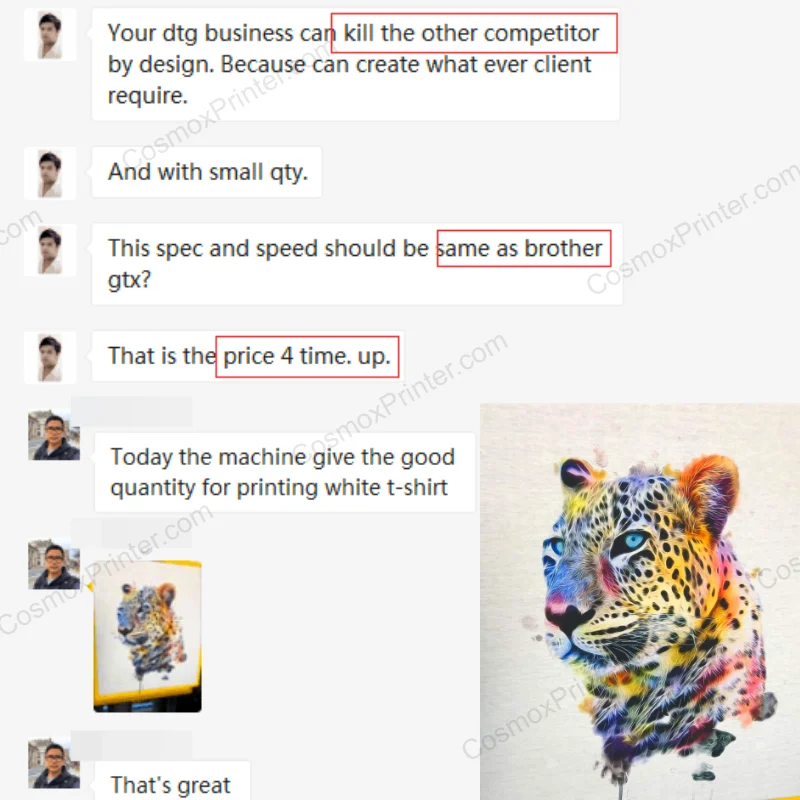 Cosmox dual table DTG printer Thailand customer feedback printing on white shirt
