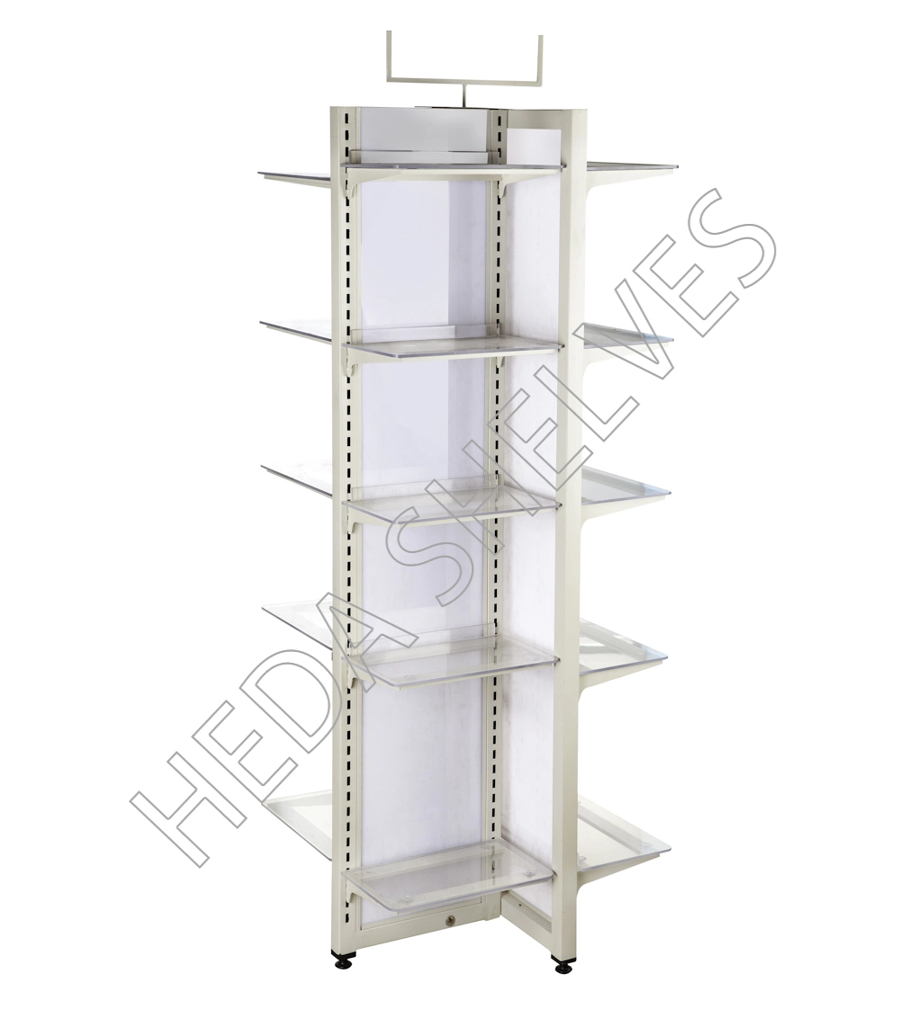 Genuine HEDA No.00195 high-resolution angled product photo showing multiple clear acrylic shelves extending in different directions from a cream-colored steel frame and vertical slotted uprights